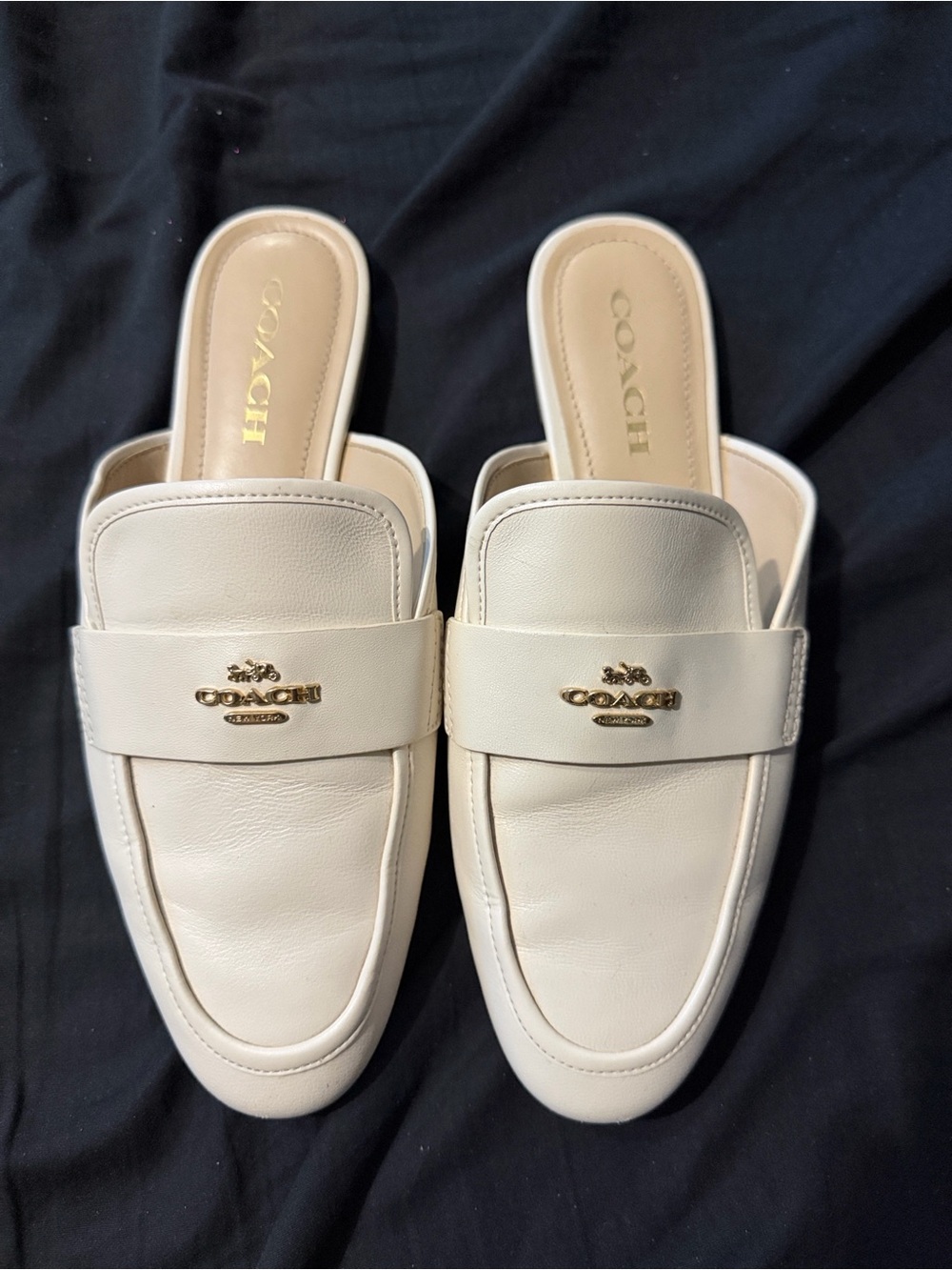 Coach Cream Leather Slip-On Mules with Gold Logo